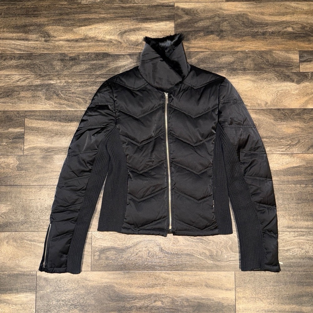 Y2K bebe Quilted Full-Zip Jacket Plush Fur Collar Ribbed Knit Women's M Black